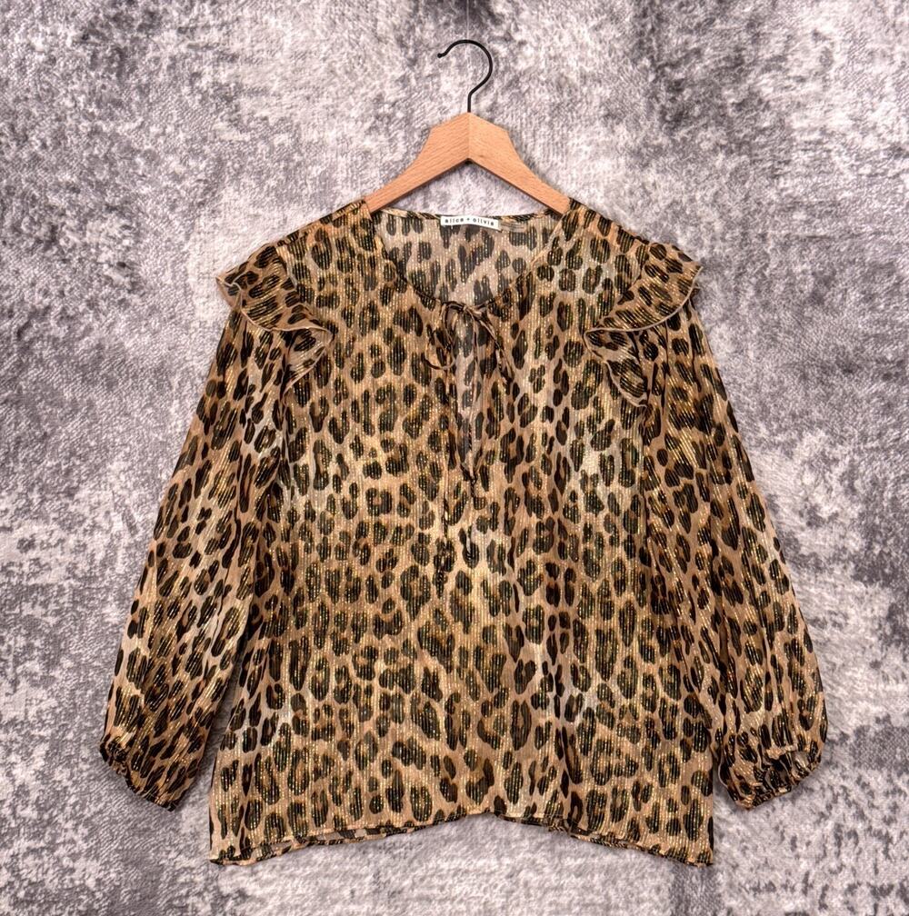 Alice + Olivia Leopard Silk Blouse Large Womens Ruffle Lurex Metallic